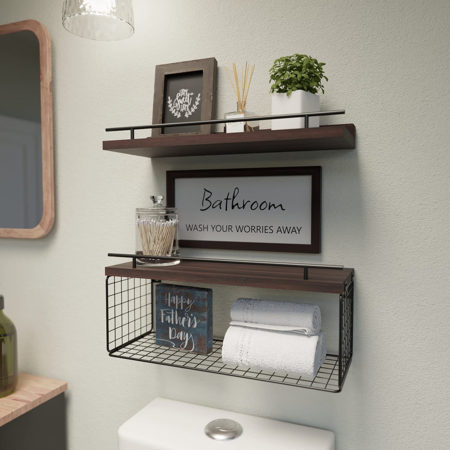 WOPITUES Floating Shelves with Bathroom Wall Décor Sign, Bathroom Shelf over Toilet with Storage Basket Set of 3, Shelf with Guardrail-Rustic Brown