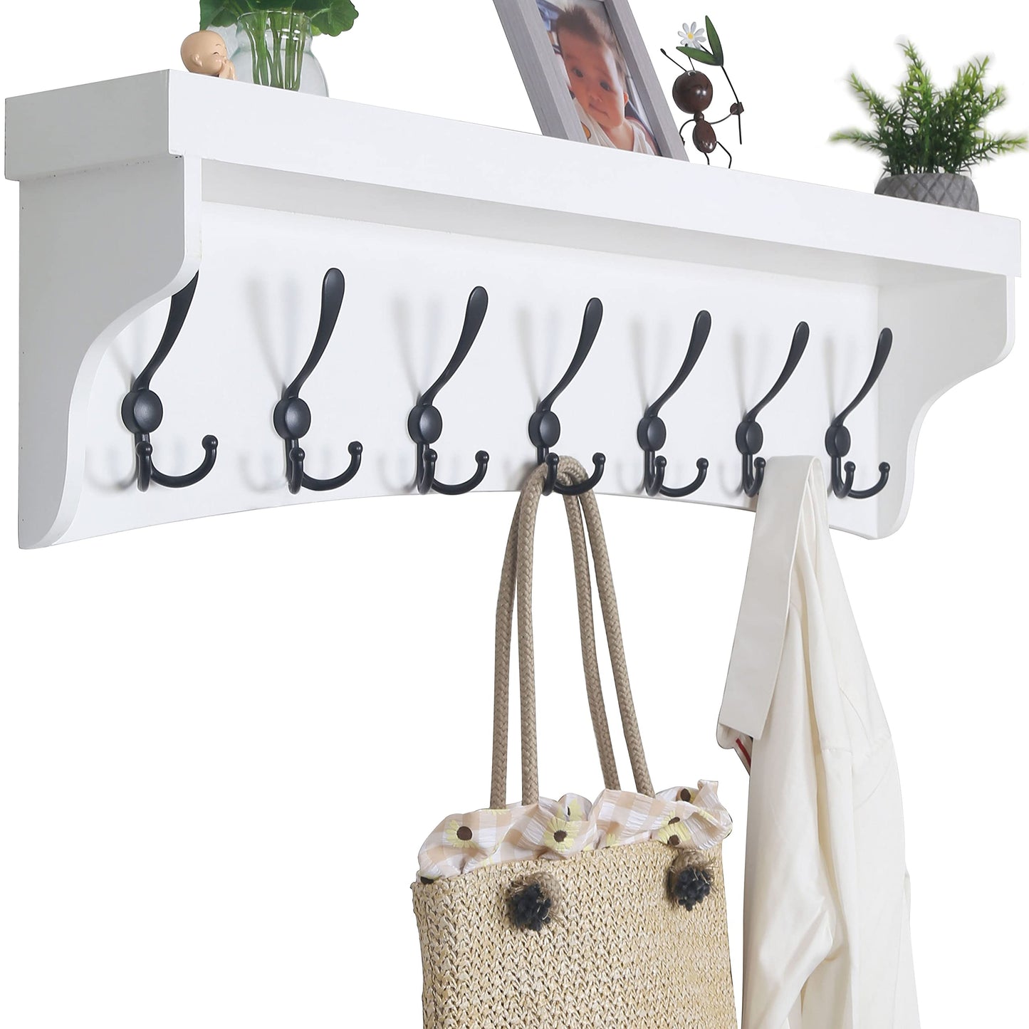 WEBI Coat Rack Wall Mount with Shelf,35’’ Long White Shelf with Hooks Underneath,Wall Mounted Coat Rack with Shelf,Key Rack for Wall,7 Triple Hooks for Hanging Coats,Bathroom,Entryway