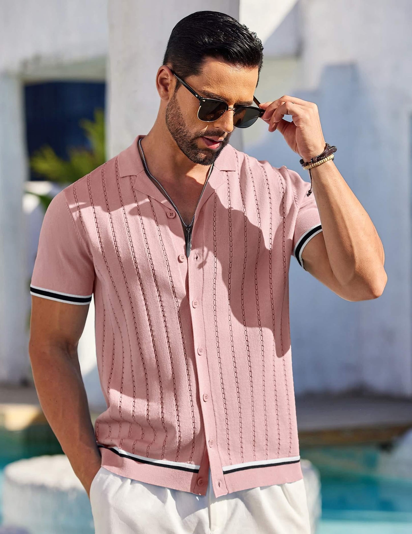 COOFANDY Contrast Knitted Shirt for Men Vintage Polo Shirt Short Sleeve Light Pink