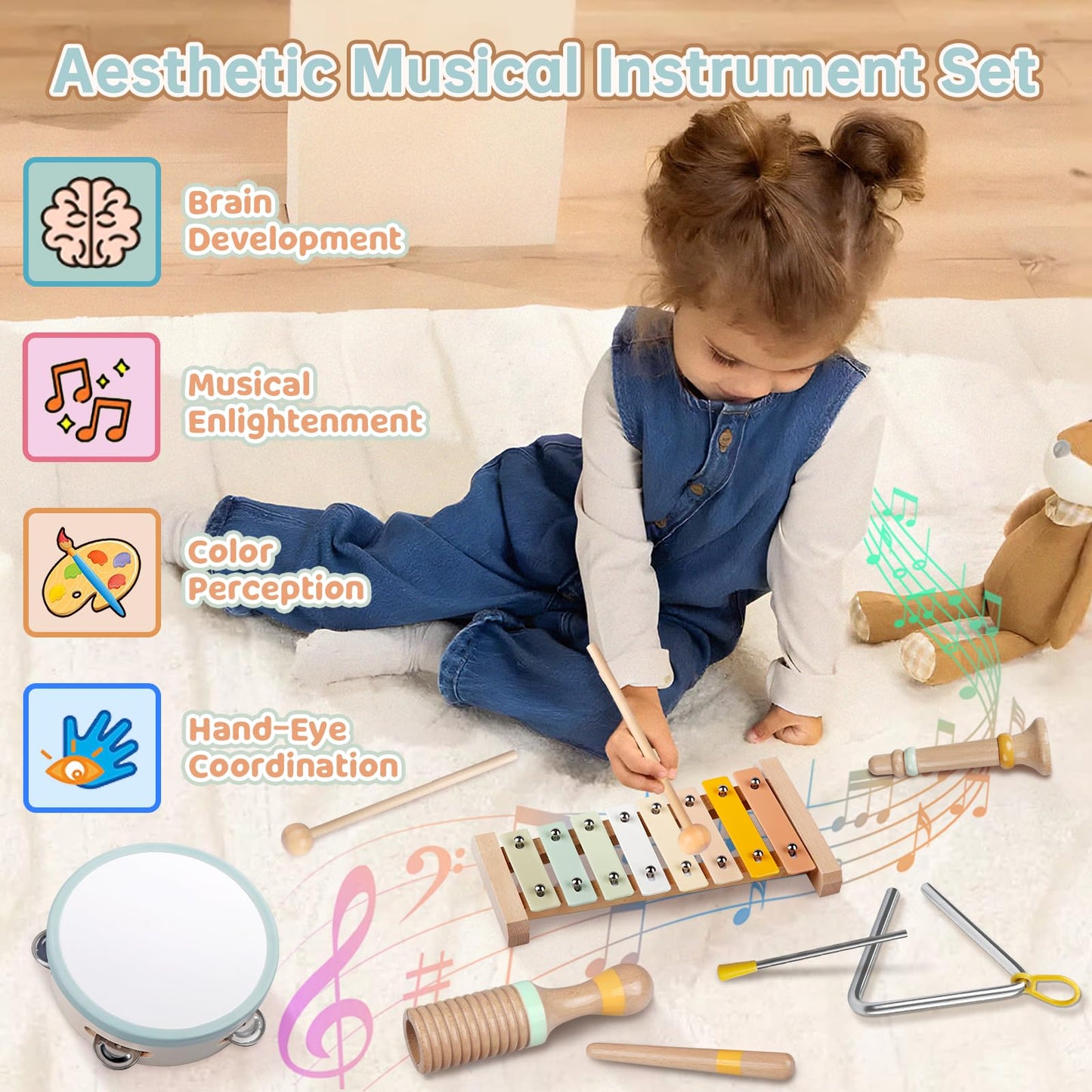 Musical Instruments - Neutral Color Musical Toys for Toddlers 1-3, Wooden Percussion Instruments for Kids, Modern Boho Xylophone Music Toys, Montessori Educational Baby Toys, Gender Neutral Baby Gifts