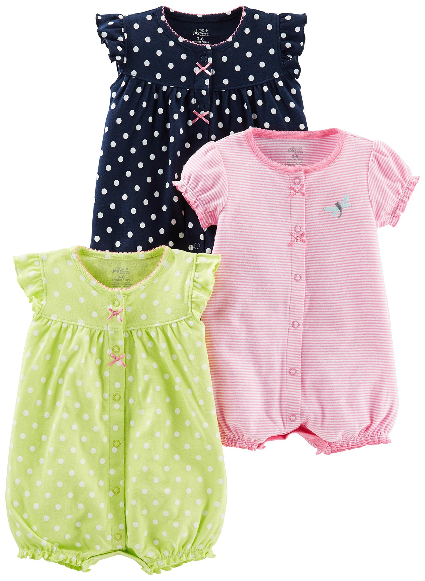 Monos con cierre a presión para niñas pequeñas Simple Joys by Carter's, paquete de 3, en verde claro, lunares azul marino y rayas rosas, de 6 a 9 meses