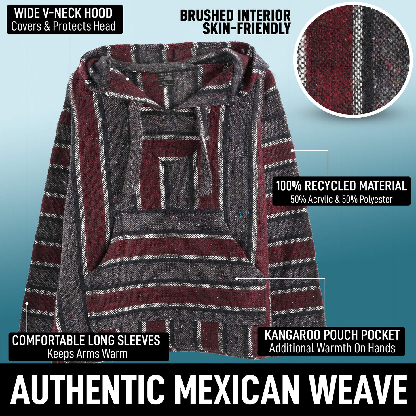 ***Authentic Mexican Baja Hoodie - Woven Pullover Sweater Jacket Raspberry