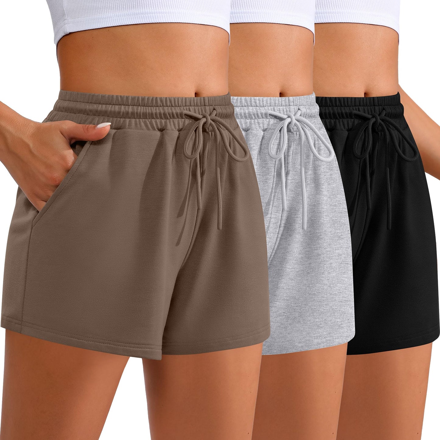 Neer 3 Pack Womens Sweat Shorts Comfy Casual Lounge Drawstring High Waist Shorts Summer Athletic Shorts with Pocket 2024 (Black, Light Gray, Brown,M)