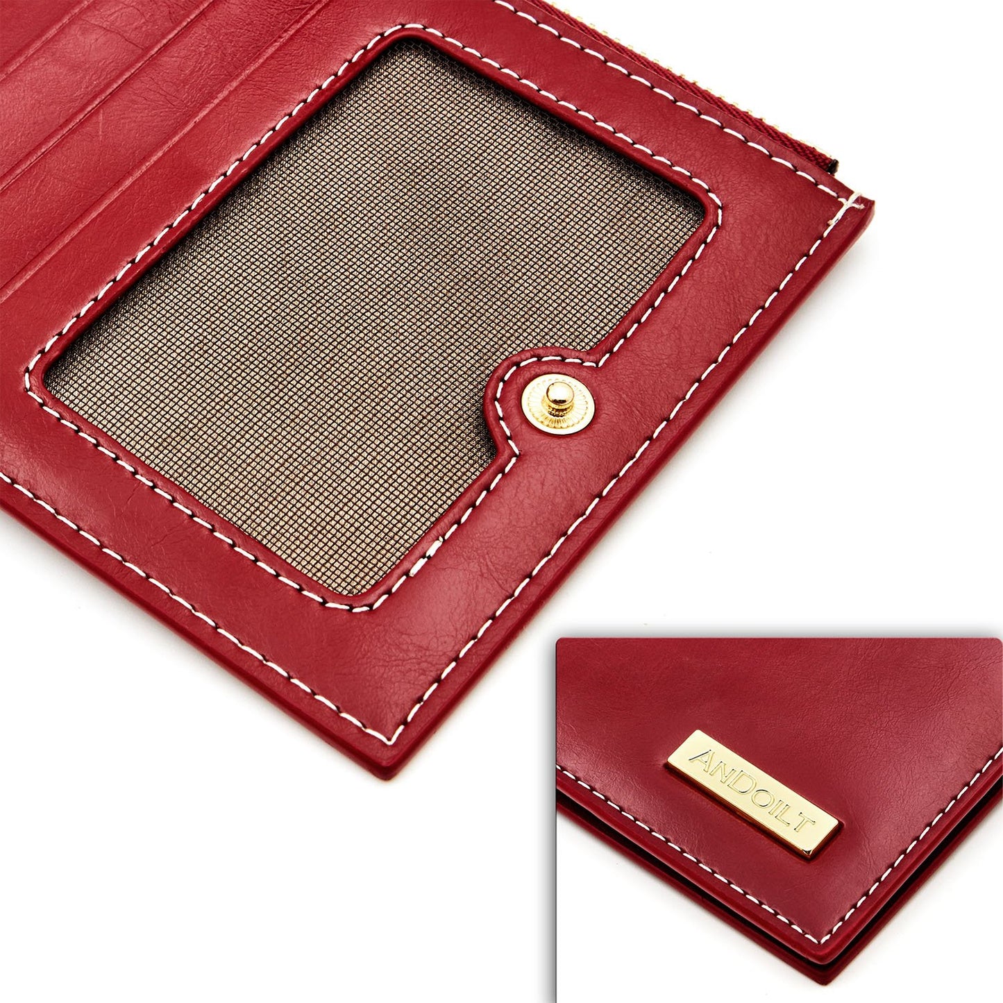 ANDOILT Cartera de piel auténtica para mujer con bloqueo RFID, tarjetero con cremallera, monedero para teléfono móvil, color rojo