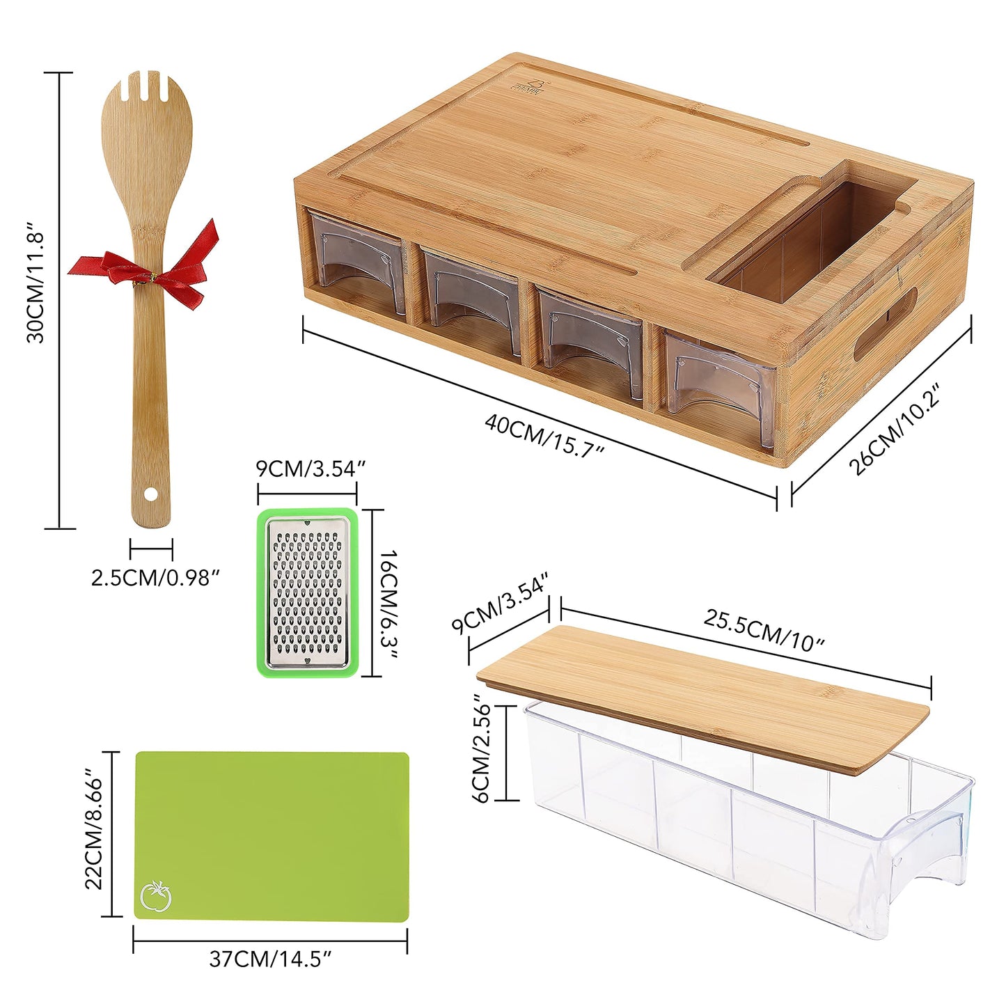 Zeembu Bamboo Cutting Board With Containers and Mats for Quick Meal Prep. Sturdy and Multifunctional Chopping Board with Stackable Containers for Easy Storage. Great Gift for Cooking Enthusiast.