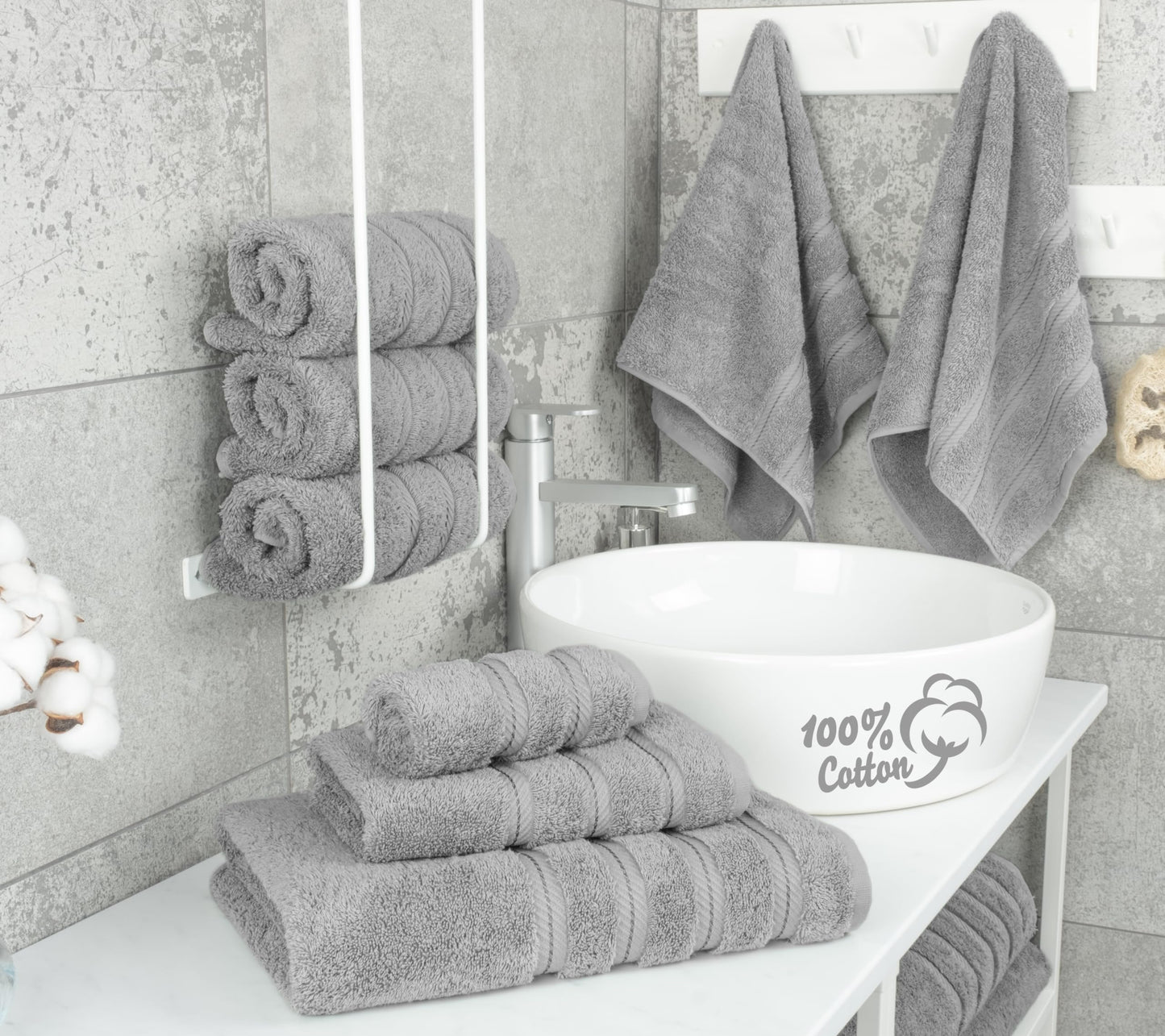 Juego de toallas de lujo American Soft Linen de 6 piezas, 2 toallas de baño, 2 toallas de mano y 2 paños, toallas turcas 100 % algodón para baño, juegos de toallas de color gris claro