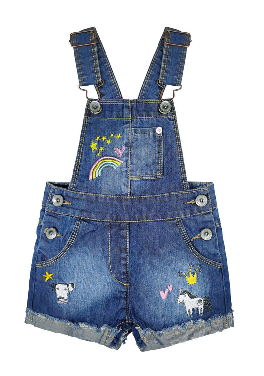 KIDSCOOL SPACE Baby & Little Girls Rainbow Animal Embroidered Cuffed Fringe Bottom Denim Shortalls,Blue,3-4 Years