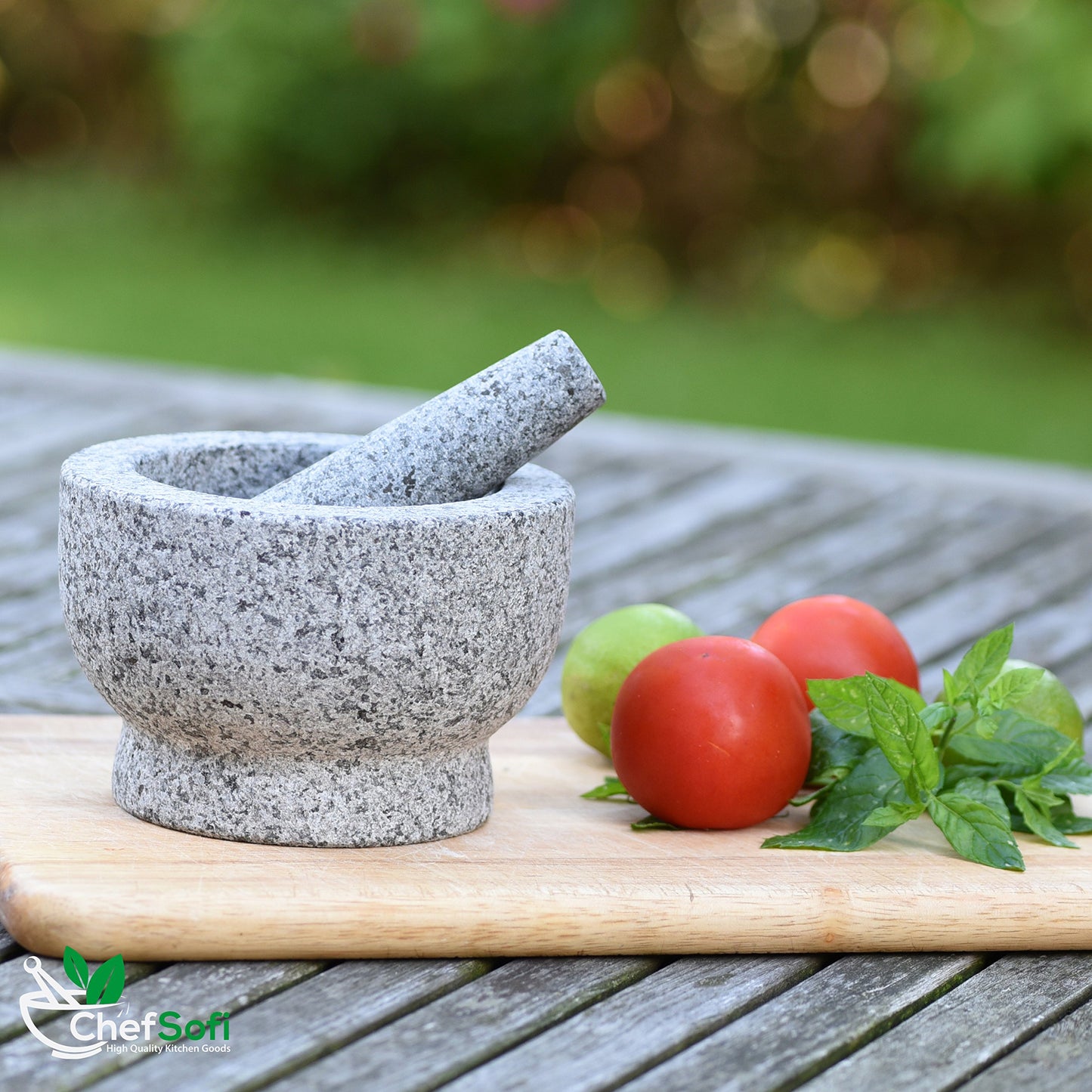 ChefSofi Mortar and Pestle Set - 6 Inch - 2 Cup Capacity - Unpolished Heavy Granite for Enhanced Performance and Organic Appearance - Included: Anti-Scratch Protector