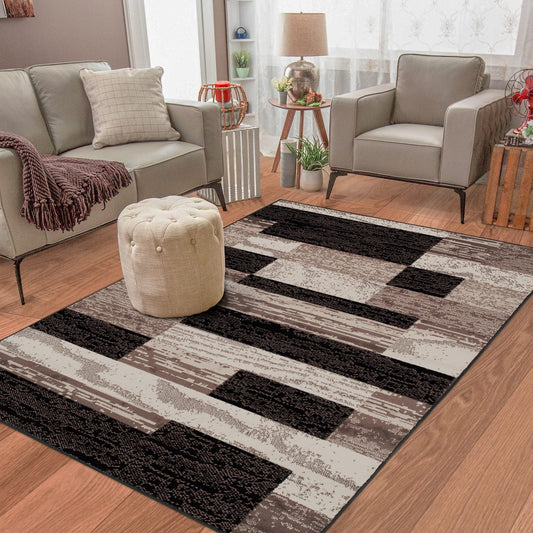 Superior Indoor Area Rug, Jute Backed, Modern Geometric Patchwork Floor Decor for Bedroom, Office, Living Room, Entryway, Hardwood Floors, Rockwood Collection, 5' x 8', Chocolate