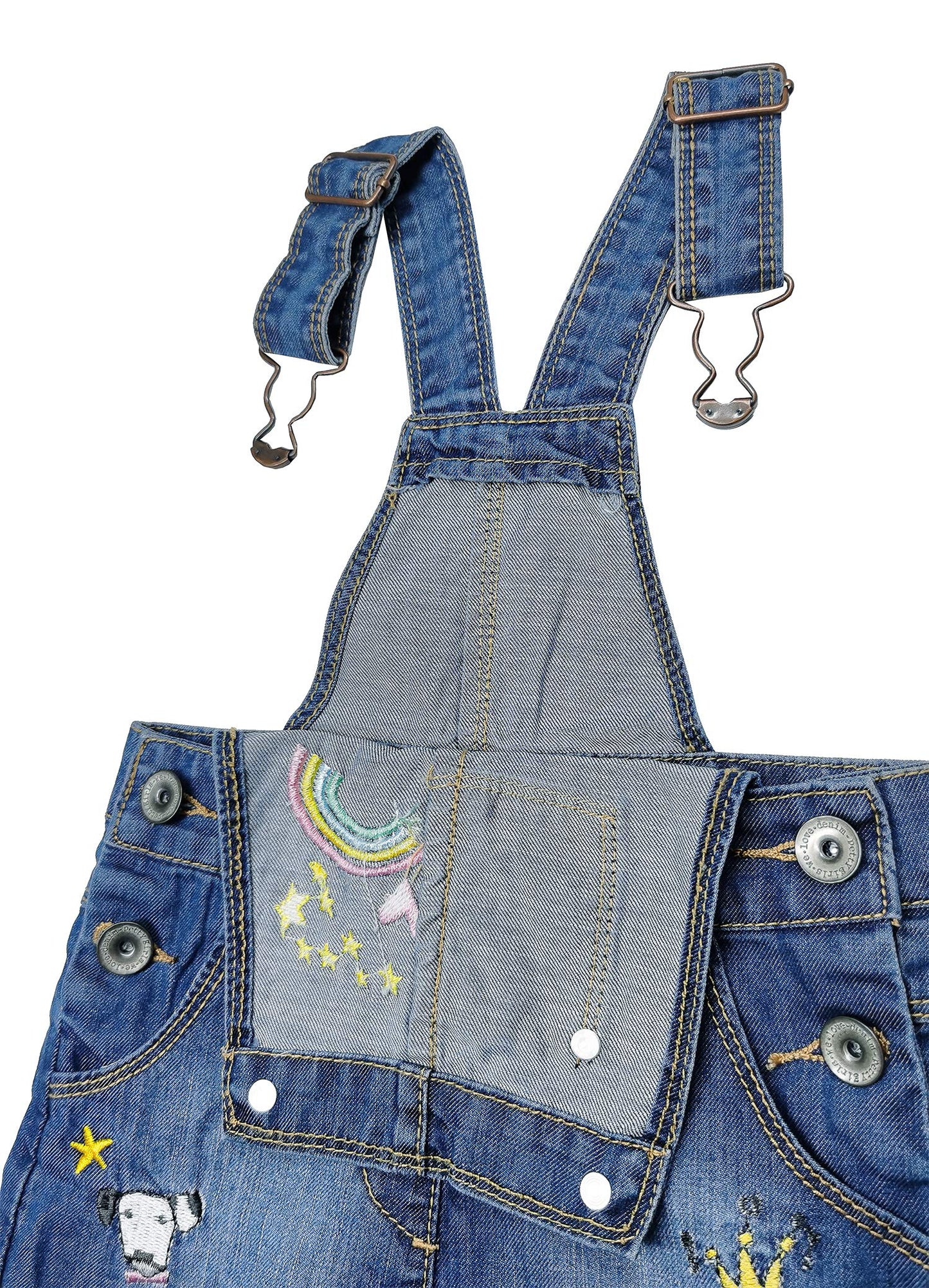 KIDSCOOL SPACE Baby & Little Girls Rainbow Animal Embroidered Cuffed Fringe Bottom Denim Shortalls,Blue,3-4 Years