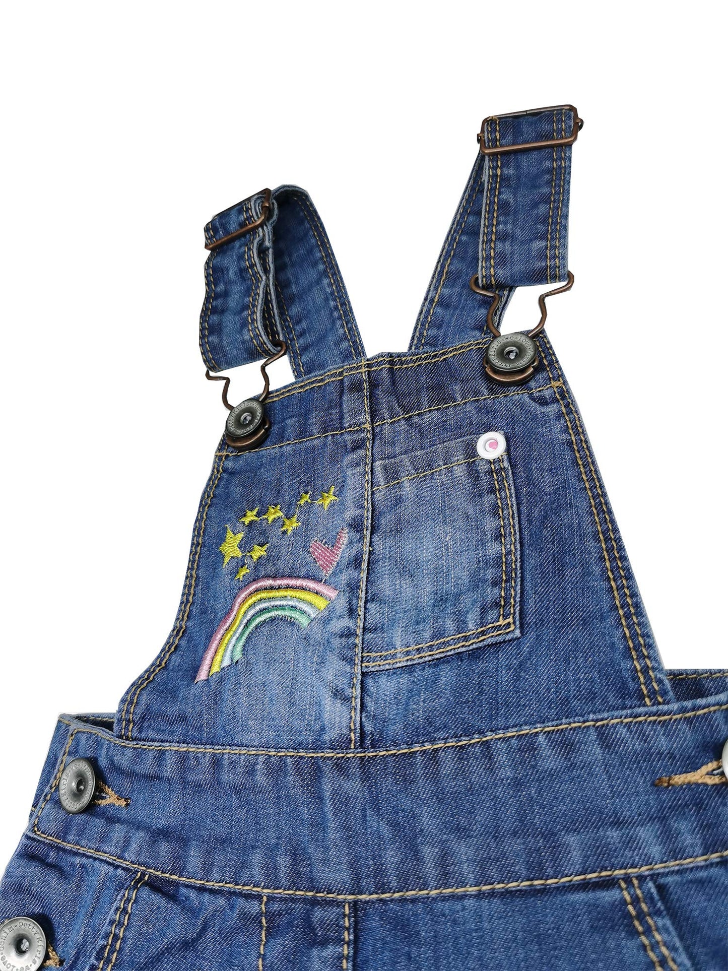 KIDSCOOL SPACE Baby & Little Girls Rainbow Animal Embroidered Cuffed Fringe Bottom Denim Shortalls,Blue,3-4 Years