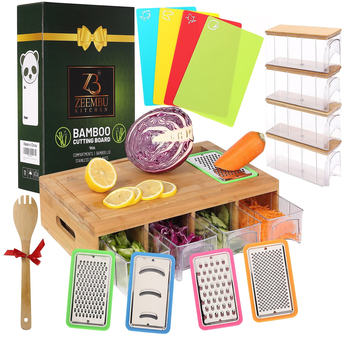 Zeembu Bamboo Cutting Board With Containers and Mats for Quick Meal Prep. Sturdy and Multifunctional Chopping Board with Stackable Containers for Easy Storage. Great Gift for Cooking Enthusiast.