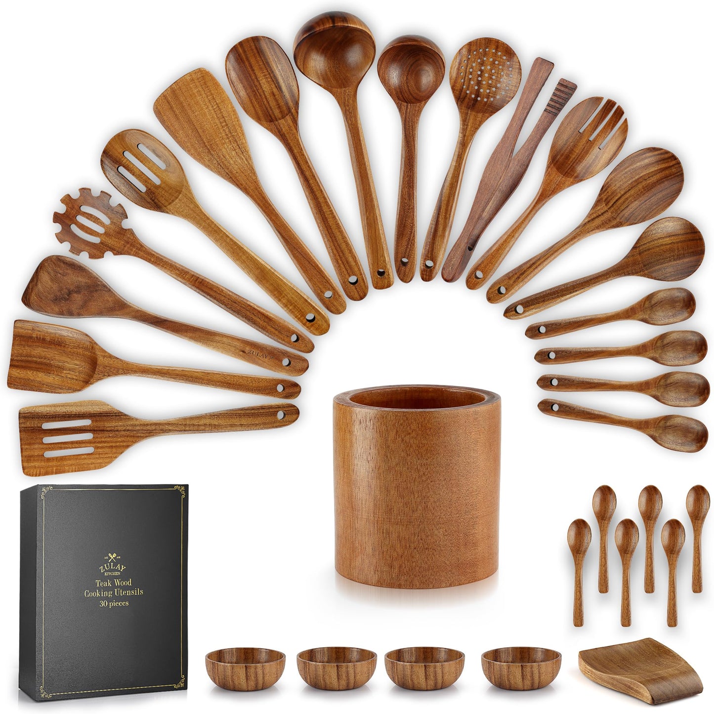 ***Zulay Kitchen 30-Piece Teak Wooden Utensils for Cooking - Natural Teak Utensil Set with Premium Gift Box - Non-Stick Wooden Spoons for Cooking - Kitchen Gift Set - Comfortable Grip Wooden Utensil Set