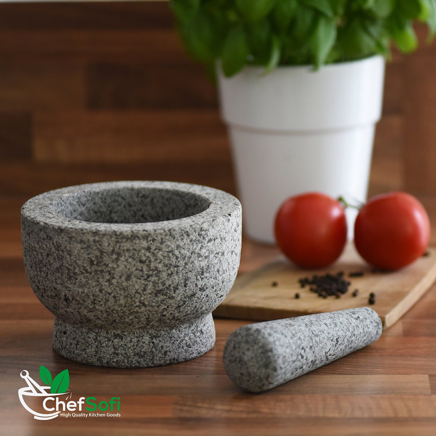 ChefSofi Mortar and Pestle Set - 6 Inch - 2 Cup Capacity - Unpolished Heavy Granite for Enhanced Performance and Organic Appearance - Included: Anti-Scratch Protector