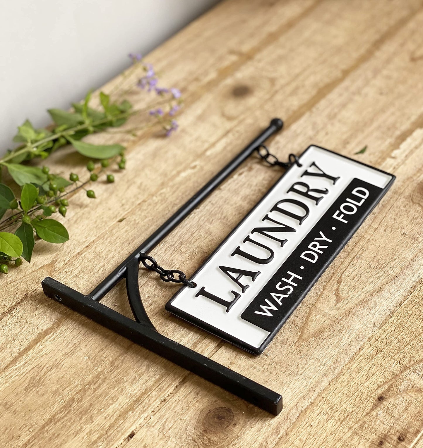 Laundry Wash Dry Fold Laundry Hanging Sign for Laundry Room, Decorative Metal Laundry Room Wall Decor, Double-Sided Embossed with Bracket - 13 x 10.5 Inchs