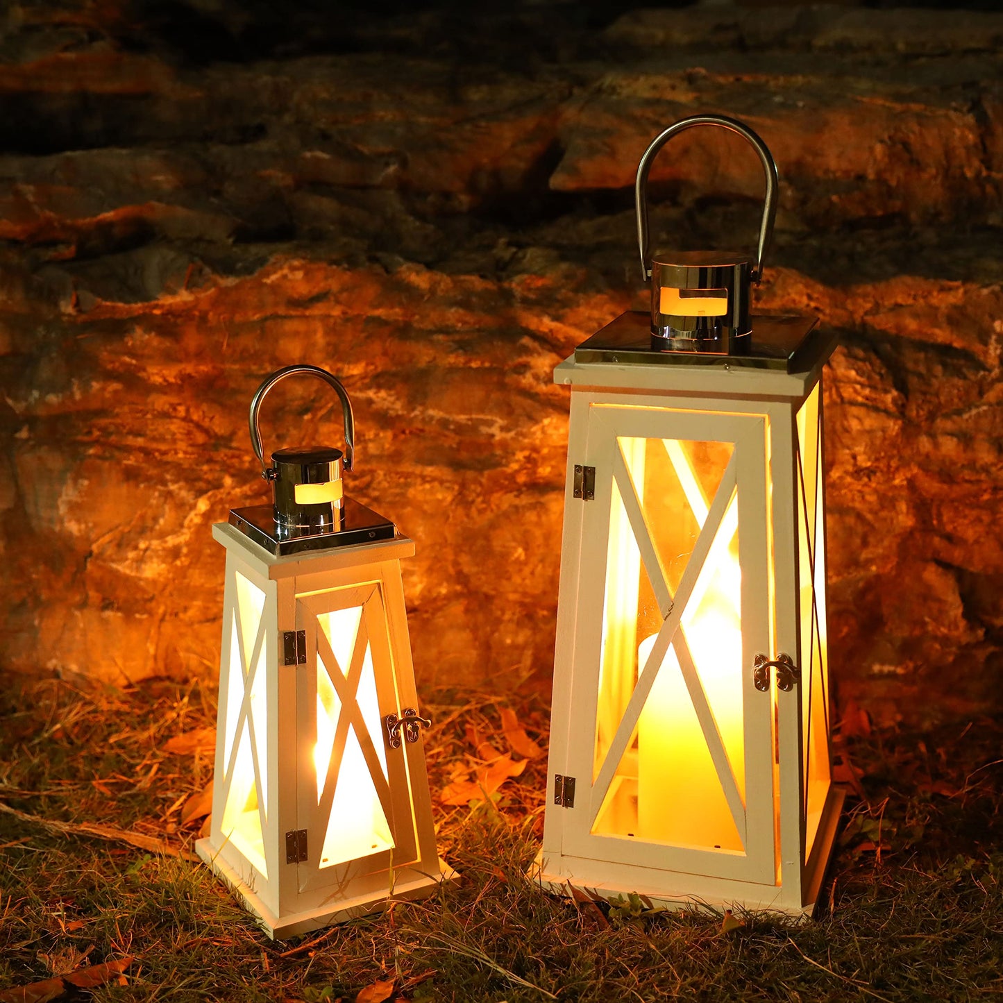 TRIROCKS Set of 2 Farmhouse Wood Candle Lantern 22'' &15.5'' H Decorative Candle Holders with Tempered Glass Rustic Hanging Lantern for Garden Patio Wedding Parties Indoor Outdoor(White Trapezoid)