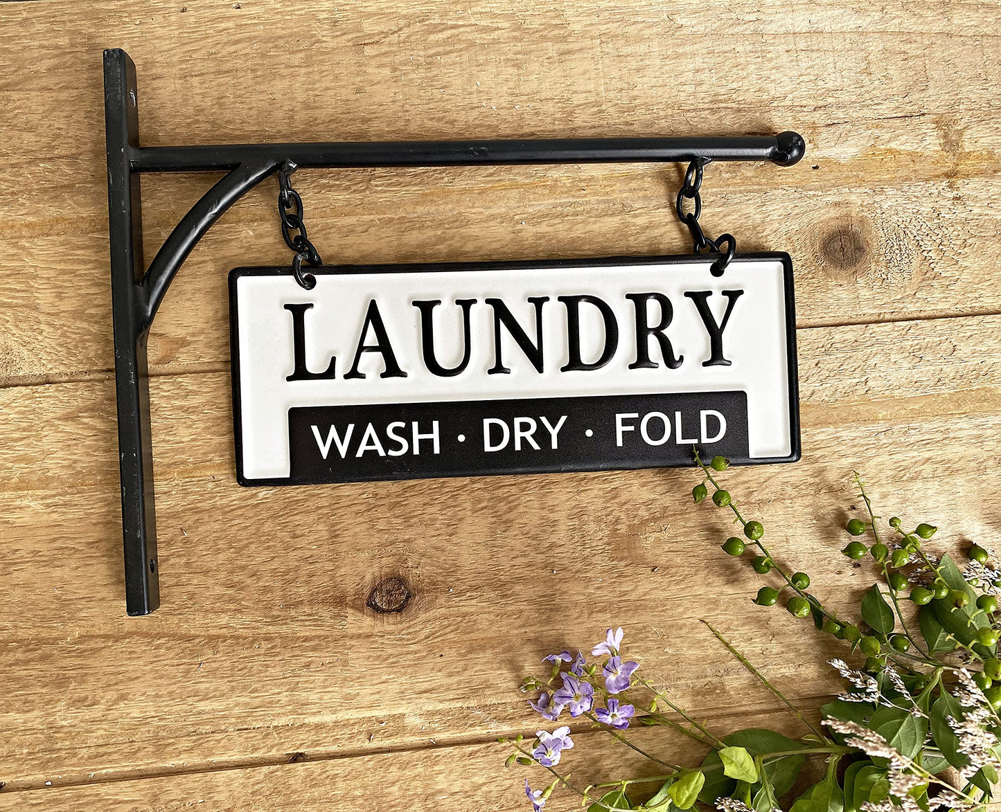 Laundry Wash Dry Fold Laundry Hanging Sign for Laundry Room, Decorative Metal Laundry Room Wall Decor, Double-Sided Embossed with Bracket - 13 x 10.5 Inchs