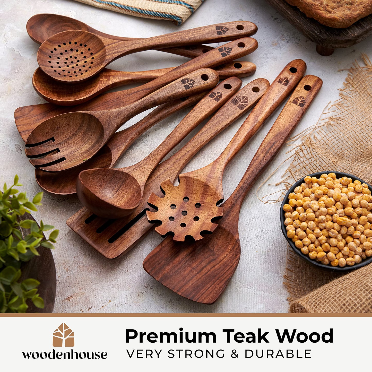 Wooden Spoons for Cooking, 10 Pcs Teak Wood Cooking Utensil Set – Wooden Kitchen Utensils for Nonstick Pans & Cookware – Sturdy, Lightweight & Heat Resistant