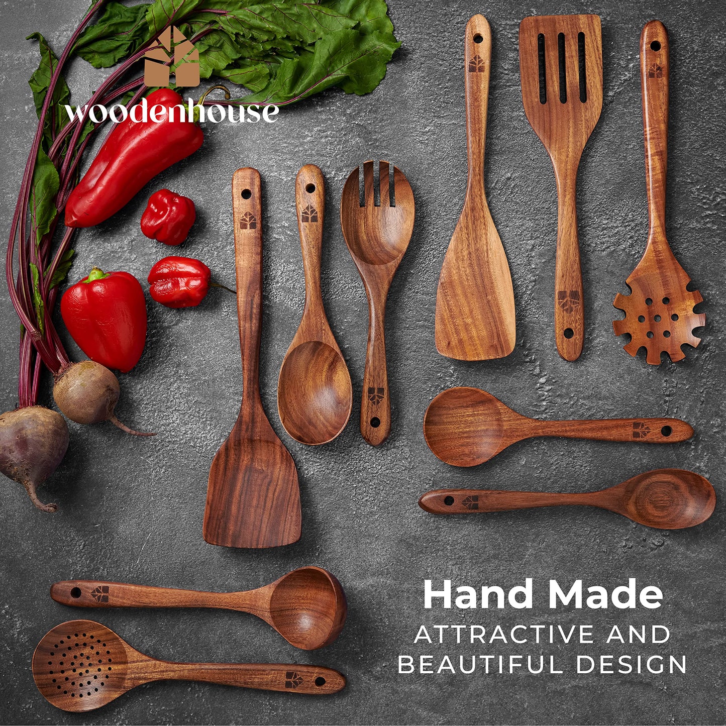 Wooden Spoons for Cooking, 10 Pcs Teak Wood Cooking Utensil Set – Wooden Kitchen Utensils for Nonstick Pans & Cookware – Sturdy, Lightweight & Heat Resistant